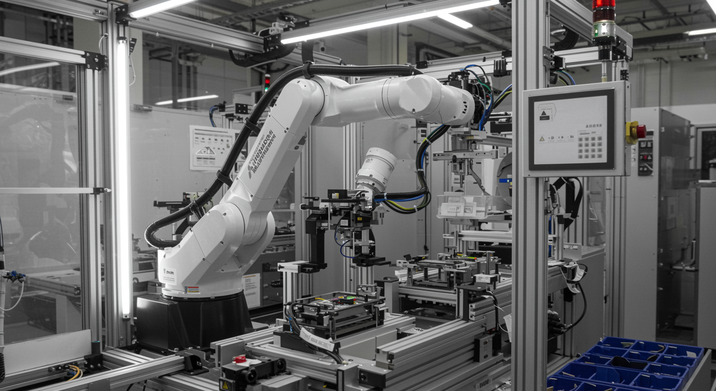 Industrieller Roboterarme in einer modernen Elektronik-Fertigungszelle mit Montagestation und Steuerungspanel