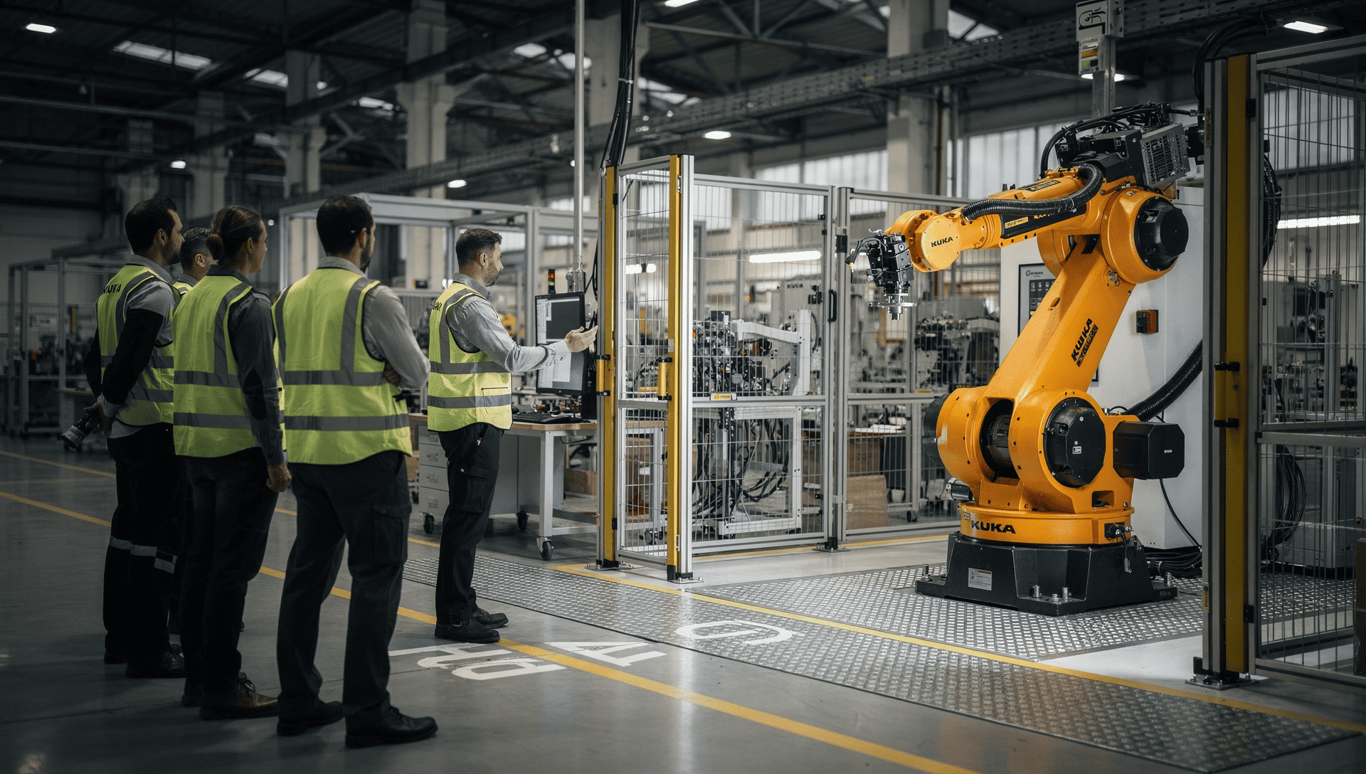 Vier Mitarbeiter in Warnwesten beobachten einen orangefarbenen Industrieroboter während einer Schulungsdemonstration in