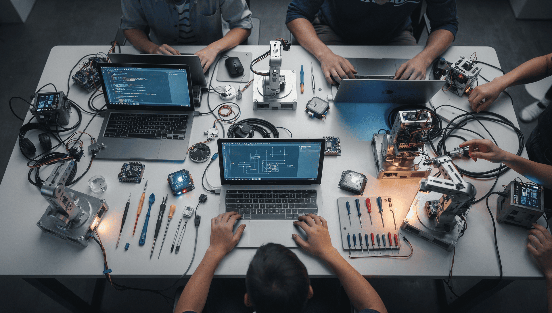 Vier Personen arbeiten gemeinsam an einem Tisch mit Laptops, Mikrocontrollern, Elektronikkomponenten und