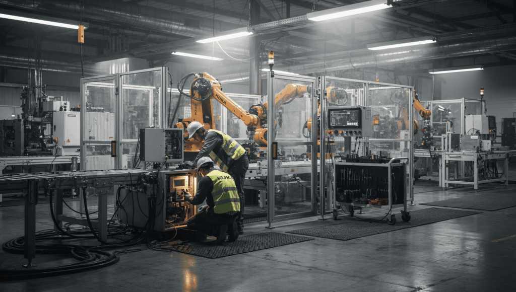 Zwei Techniker in Warnwesten warten KUKA-Industrieroboter in einer modernen Fertigungshalle